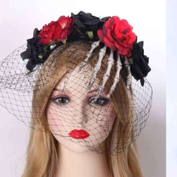 Black And Red Rose Design Face Veil Scary Ghost Hand Hair band Halloween - Picture 1 of 3
